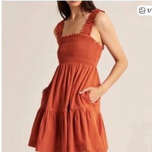 NWT Abercrombie & Fitch Orange Smocked Square Neck Tiered Mini Dress Pockets
